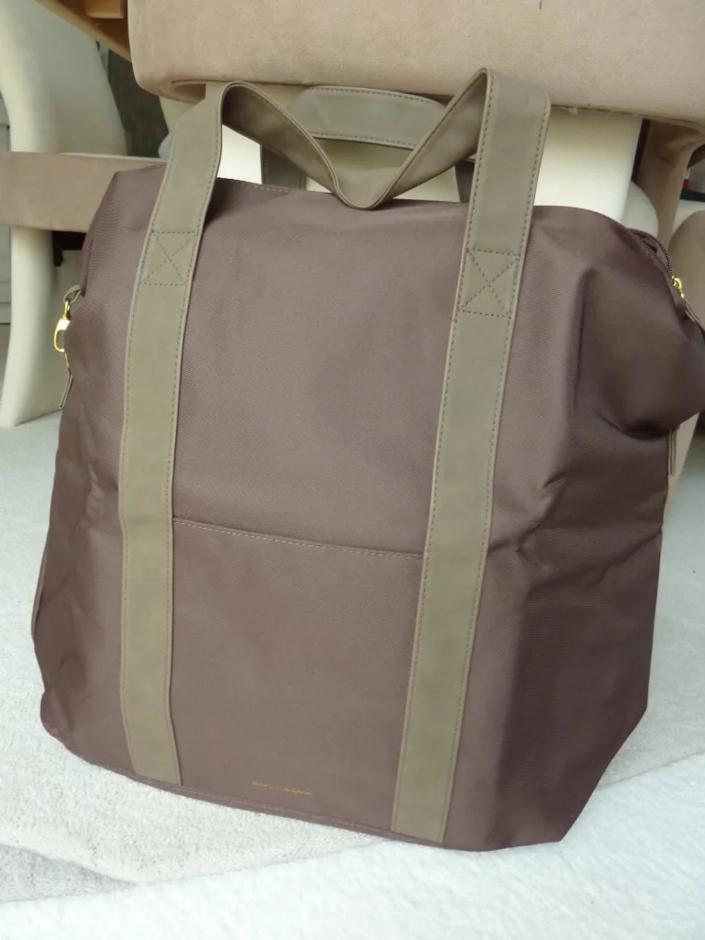 NEW Paco Rabanne Brown Overnight Weekend Canvas Travel Bag Foldable Gold Accent